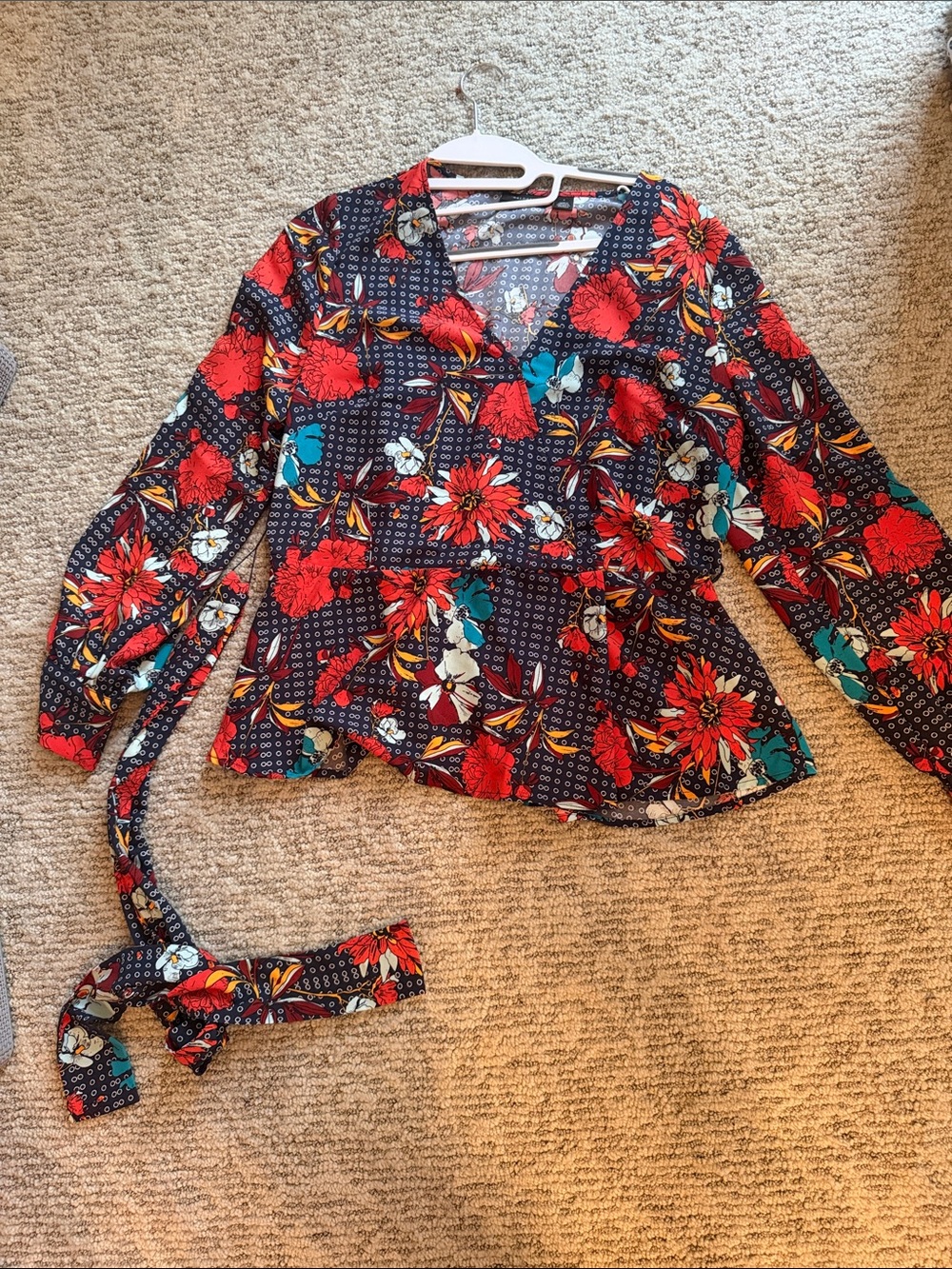 Women’s Floral Peplum Top with Tie - Red & Teal